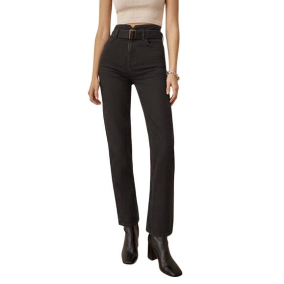 REFORMATION Jeans Size 25 Black NEW Denim Cynthia Belted High Rise Straight Leg - Picture 1 of 9